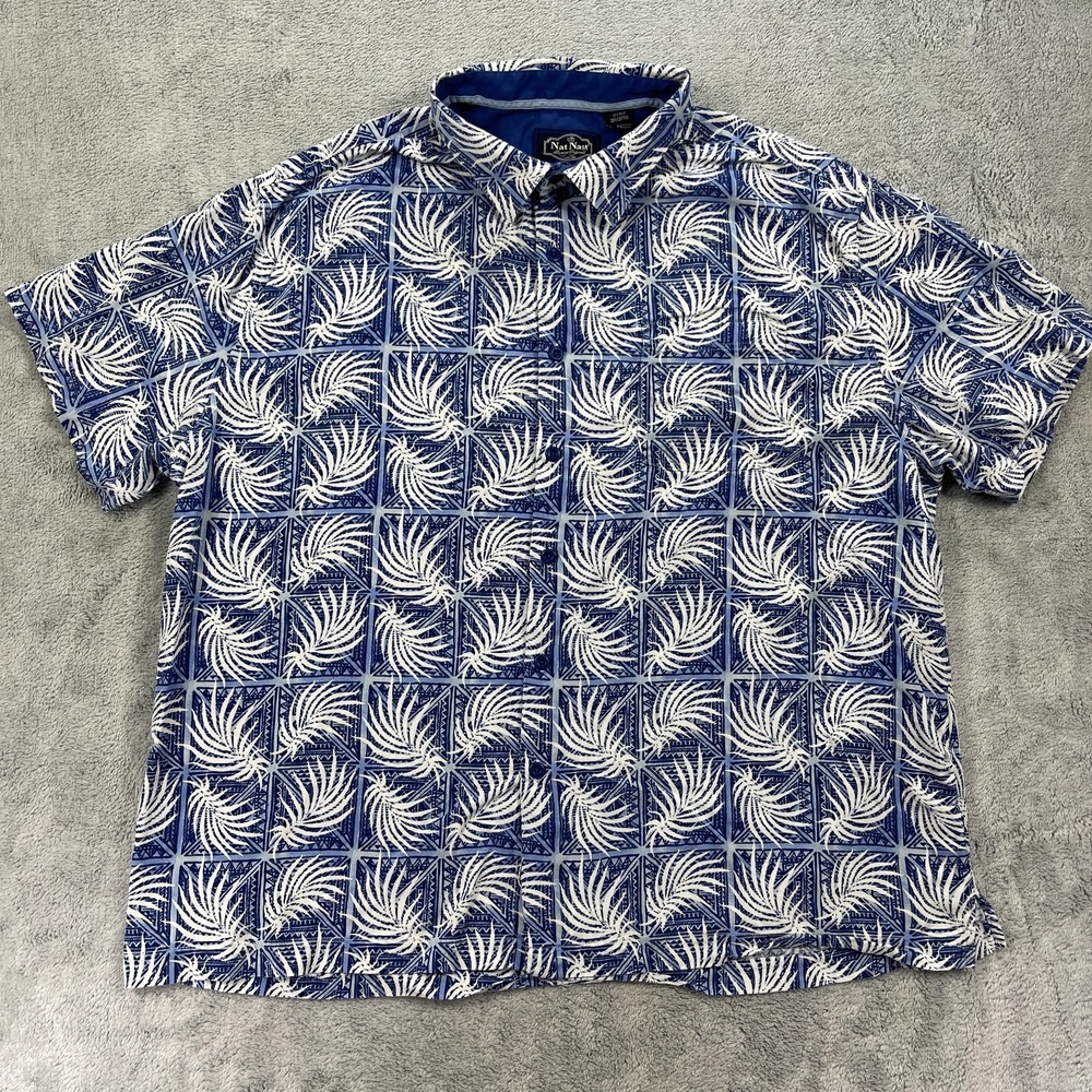 Nat Nast Shirt Mens 2XL Blue White Silk Floral Hawaiian Tropical Beach Button Up